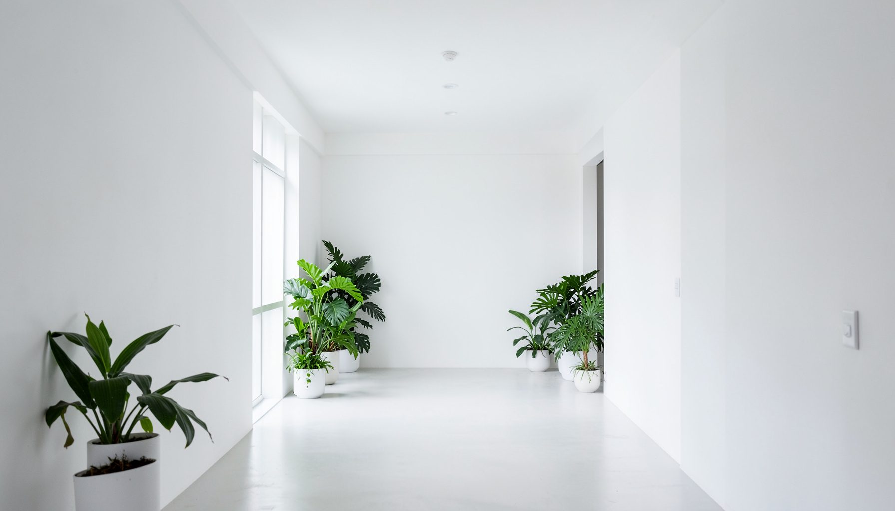 Fotografía simétrica de un pasillo blanco con plantas verdes y luz natural suave, atmósfera calma